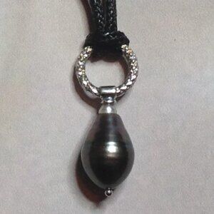 Honora Black Tahitian Drop Pearl silver Pendant with Black Cord